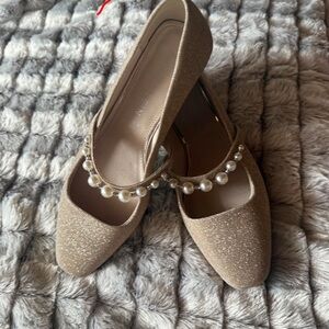 Anne Klein Chic Gold Heels with Pearl Accent